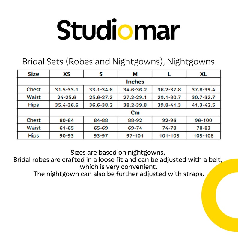 May include: Size chart for bridal robes and nightgowns, showing measurements in inches and centimeters for chest, waist, and hips. Sizes range from XS to XL.