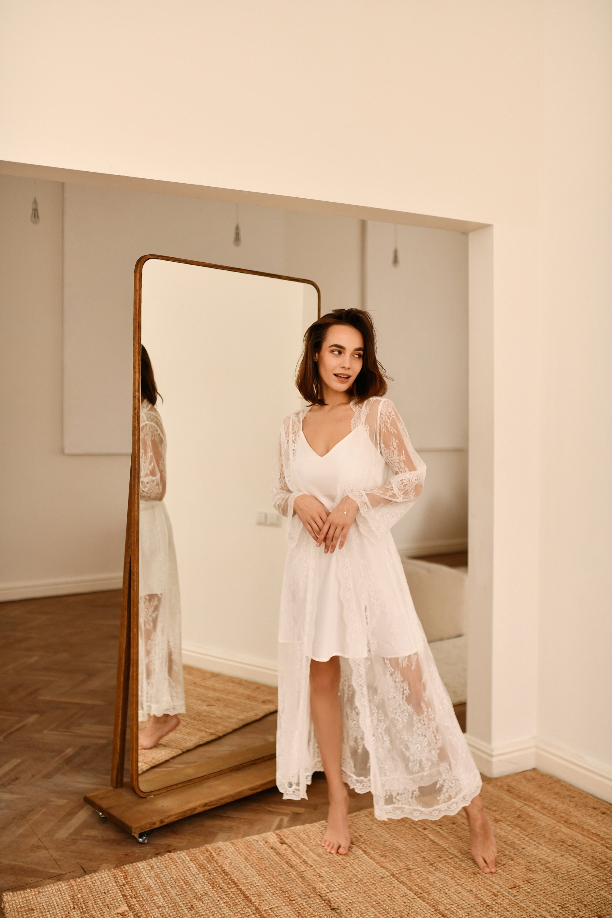 Bridal set Lace robe and Silk nightgown, Bridal sheer nightgown set, Bridal lingerie, Lace wedding robe, Bridal robe, Bridal shower gift
