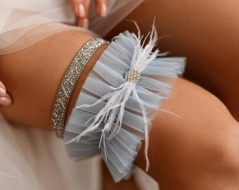 Ensemble jarretière de mariage bleu, jarretière de mariage avec cristaux, jarretière pour mariée, jarretière de mariage en dentelle bleue, jarretières en dentelle, jarretière de mariée