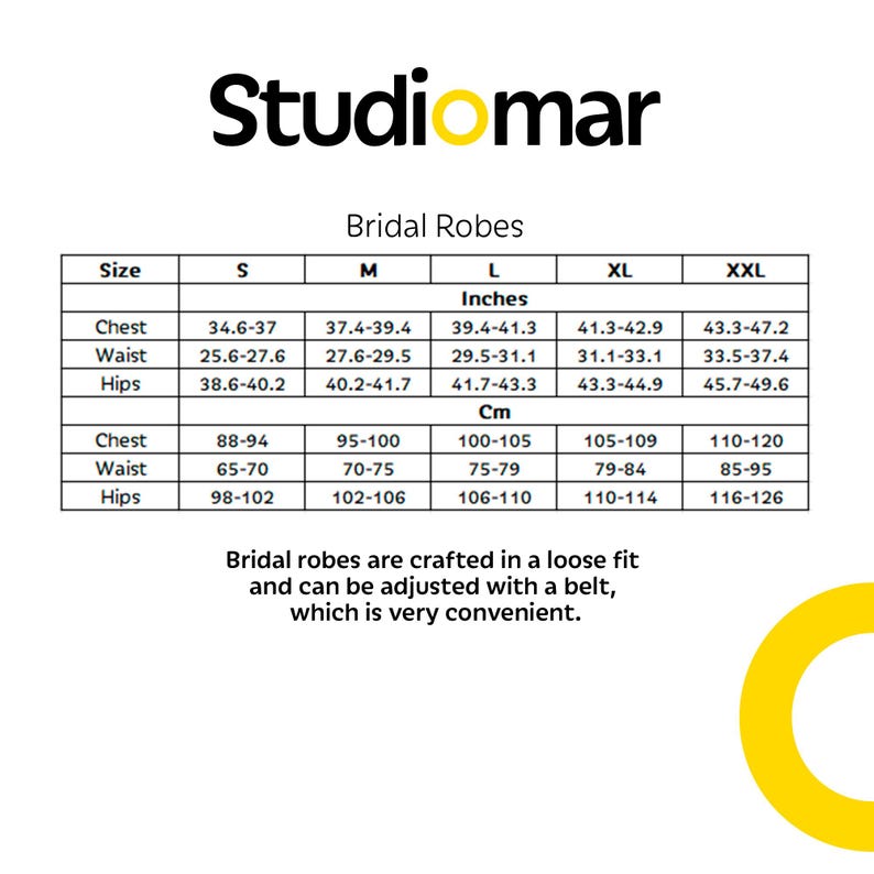 Puede incluir: Tabla de tallas para batas de novia en pulgadas y cent&iacute;metros. La tabla muestra las medidas de pecho, cintura y caderas en las tallas S, M, L, XL y XXL.