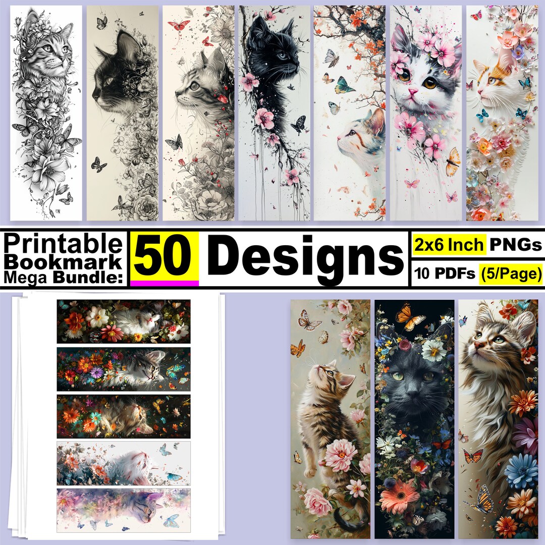 50 Whimsical Kitty Design Printable Bookmarks Bundle Digital Instant ...