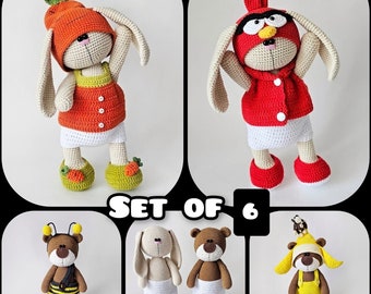SET of 6 Crochet Patterns: Bear and Bunny 27 cm + 3 sets of clothes  / AMIGURUMI / PDF tutorial