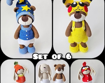 SET of 6 Crochet Patterns: Bear and Bunny 27 cm + 3 sets of clothes  / AMIGURUMI / PDF tutorial