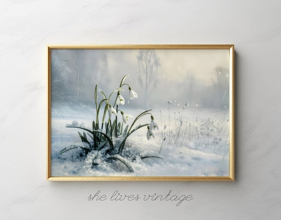 Snow Flower Print Winter Botanical Printable White Holiday Artwork Snowdrops Flowers Wallart Snowy Landscape Homedecor | P71