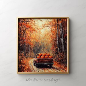 May include: A vintage red pickup truck drives down a road lined with autumn trees. The truck bed is full of orange pumpkins. The scene is painted in a realistic style.