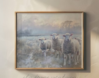 Sheep Landscape Painting Moody Animal Printable White Farmhouse Artwork Scottish Landscape Print Ambiguous Wall Art Animal Lover Gift | P81