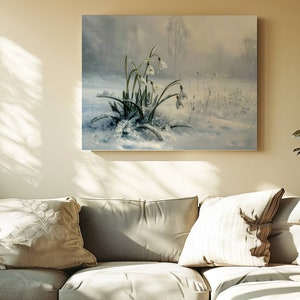 May include: A painting of white snowdrops blooming in a snowy forest. The flowers are delicate and white, with green leaves. The background is a soft, blurry blue, with trees and snow in the distance.