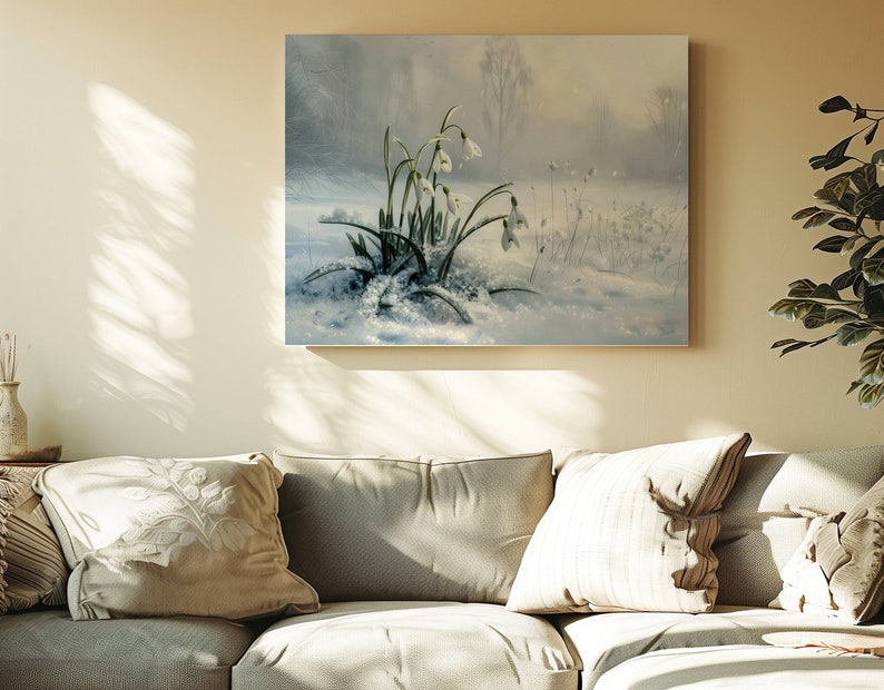 May include: A painting of white snowdrops blooming in a snowy forest. The flowers are delicate and white, with green leaves. The background is a soft, blurry blue, with trees and snow in the distance.