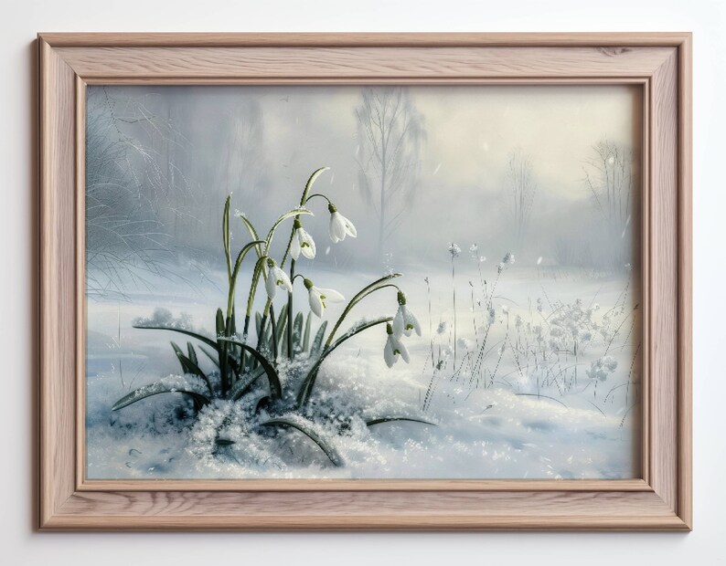May include: A framed painting of a snowy winter scene with a cluster of white snowdrops blooming in the foreground. The background is a soft, hazy blue with trees and a hint of sunlight.