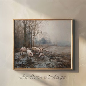 Pig Farm Art Brown Landscape Painting Mud Pigs Artwork Foggy Aesthetic Printable Animal Lover Gift Home Decor Rustic Vintage Digital | P77