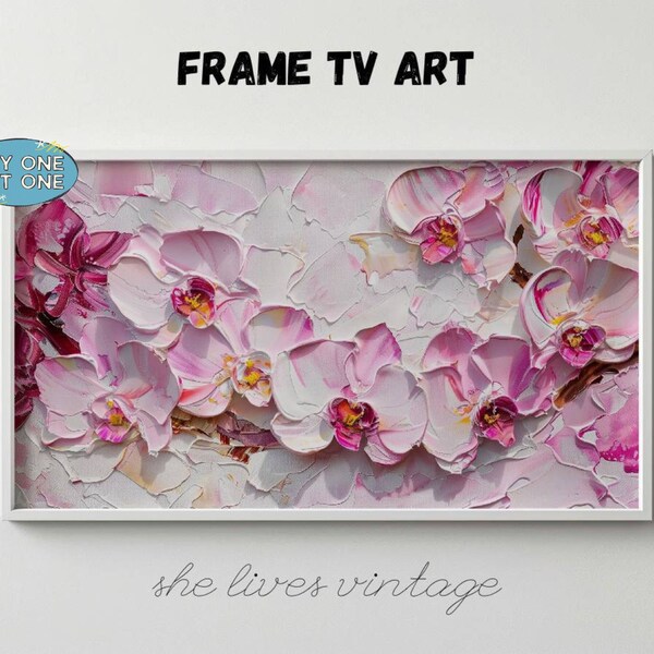 Cadre TV art rose printanier Samsung cadre TV oeuvre d'art fleur d'orchidée empâtement peinture blanc rose floral 3D texturé téléchargement numérique | P106