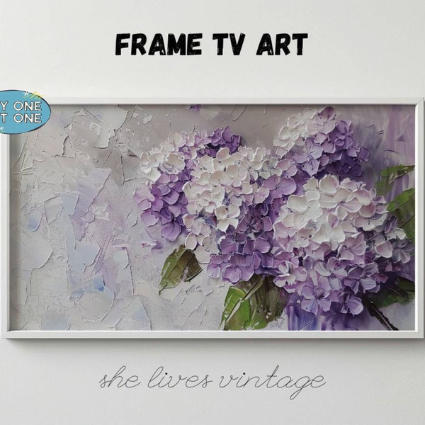 Frame TV Art Spring Flower Samsung Frame T V Artwork Purple Hydrangea Oil Painting White Floral Digital Download Knife Palette Impasto | P95