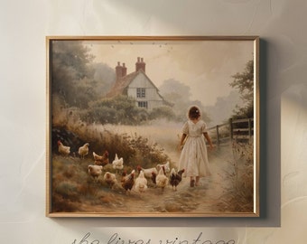 Girl Farmhouse Art Chicken Farm Painting Brown Chickens Printable Vintage Female Artwork Farm house Wall Art White Brown Home Decor | P79
