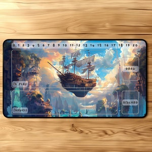 Lorcana Playmat - Flying Pirate Ship | Designer Playmat for TCG | Vibrant Colors | Stitched Edge | Official Size