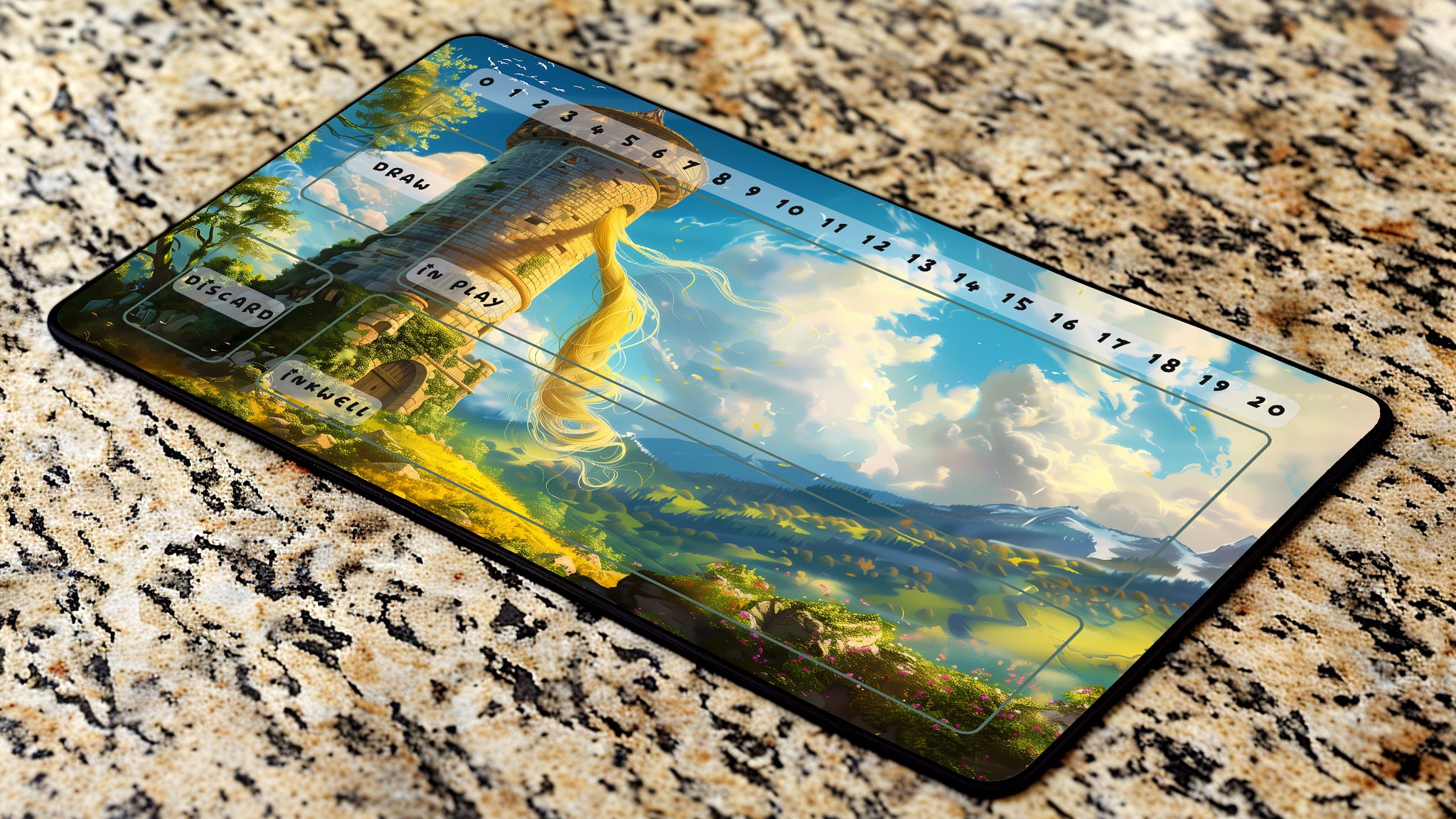Lorcana Playmat Rapunzel Tower Designer Playmat for TCG Vibrant Colors Stitched Edge Official