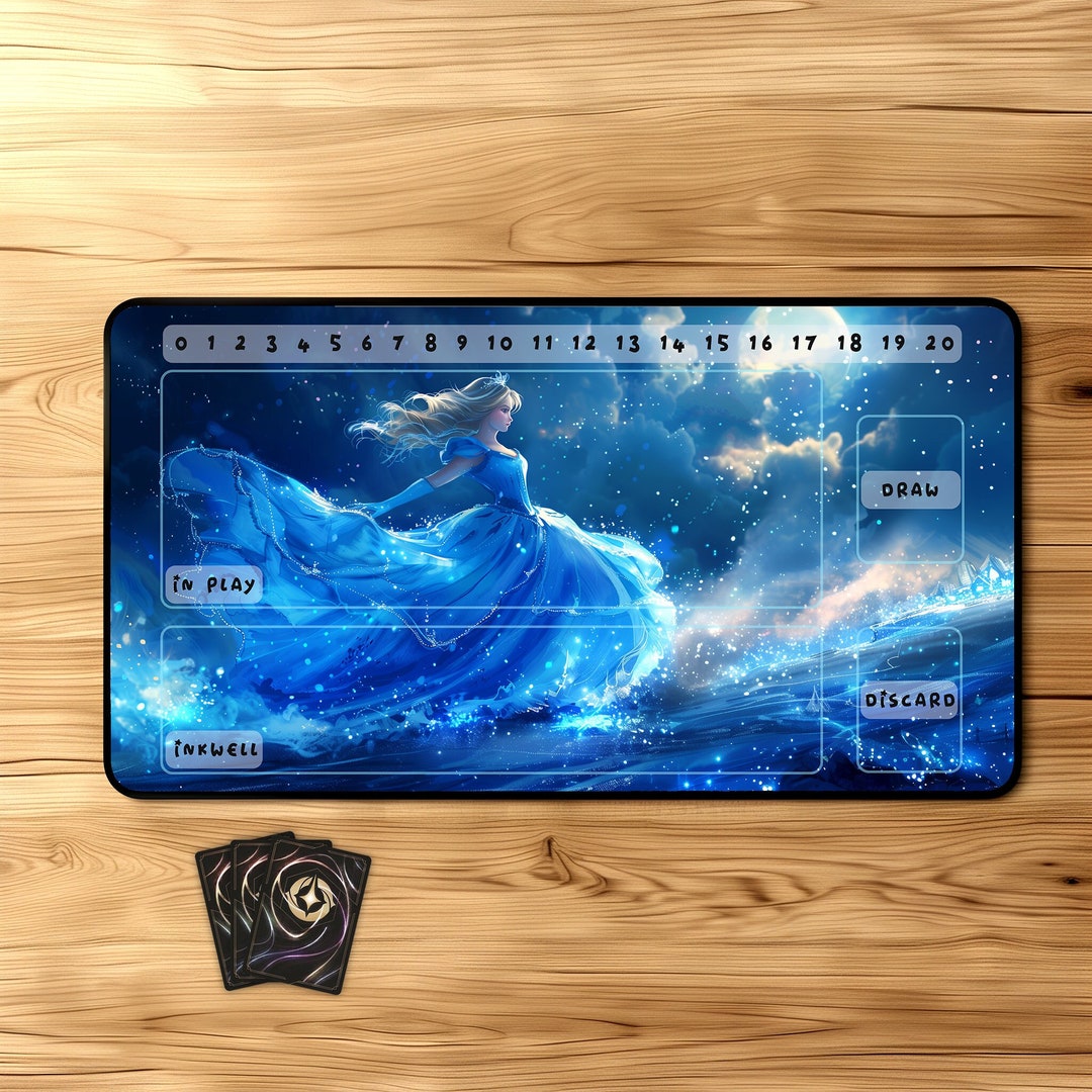 Lorcana Playmat Cinderella at Night Designer Playmat for TCG Vibrant Colors Stitched Edge