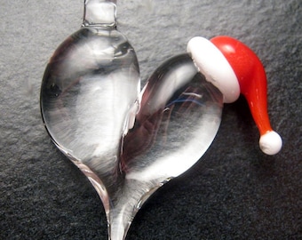 Mini Christmas ornament - heart jewelry - Santa Hat - Lampwork necklace focal - Boomwire Glass