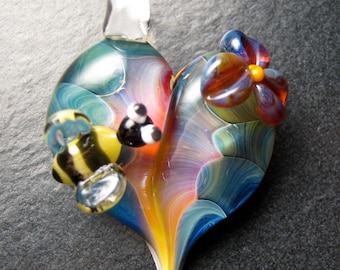 Bumble bee flower pendant - Best gift ideas - glass spring flower lampwork pendant focal bead necklace - Boomwire Glass jewelry