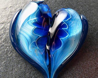 Heart Pendant, Blue jewelry, Glass, Lampwork necklace, unique pendant, focal, jewelry supplies