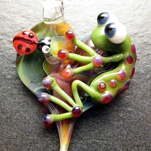 Ladybug Frog pendant, glass heart, ladybug pendant, lampwork jewelry, focal bead, glass necklace, ladybug jewelry