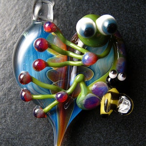 Gift idea  -  Spring - Bumble Bee Frog pendant - glass heart lampwork pendant focal bead necklace - Boomwire Glass jewelry