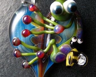 Gift idea  -  Spring - Bumble Bee Frog pendant - glass heart lampwork pendant focal bead necklace - Boomwire Glass jewelry