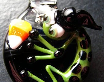 Halloween Jewelry, Witch pendant, frog necklace, Glass pendant, focal, charm glass bead necklace