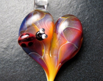 Ladybug heart pendant - Best gift ideas - glass heart lampwork jewelry pendant focal bead necklace - Boomwire Glass jewelry