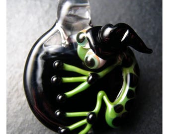 Halloween Jewelry, Witch pendant, frog necklace, Glass pendant, focal, charm glass bead necklace