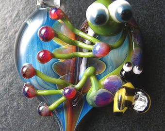Gift idea  -  Spring - Bumble Bee Frog pendant - glass heart lampwork pendant focal bead necklace - Boomwire Glass jewelry
