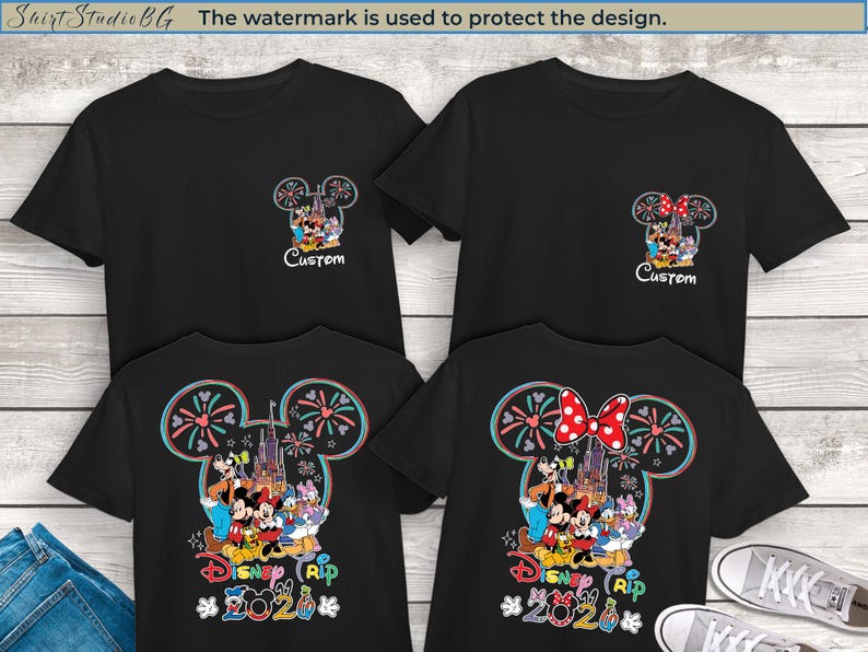 Custom Disney family vacation shirts with matching designs for Disneyland and Disney World trips