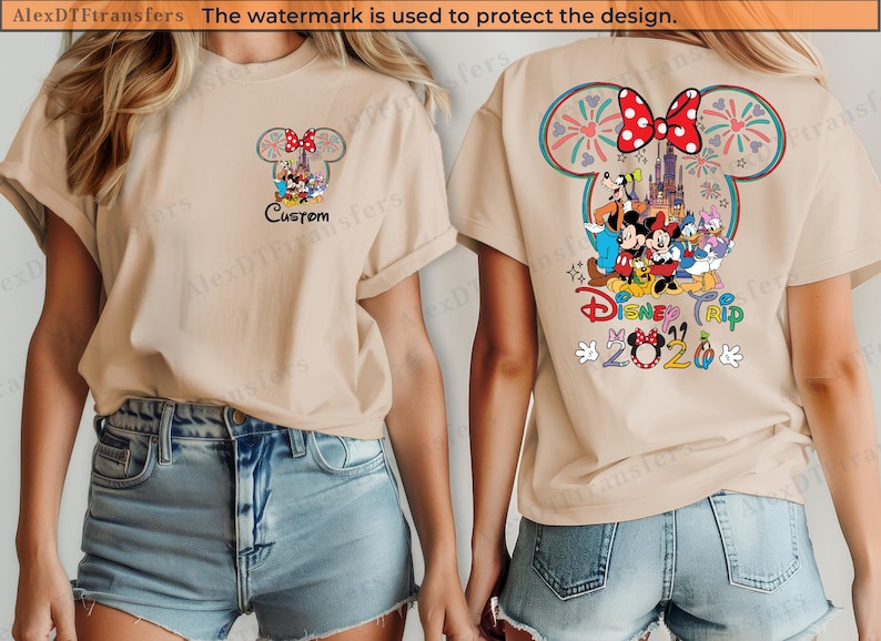 Custom Disney Trip 2026 Shirt. The back has a larger design with Disney characters and the text "Disney Trip 2026".