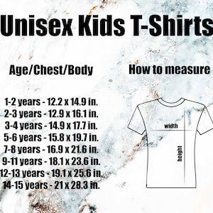 size chart of kids unisex t-shirts