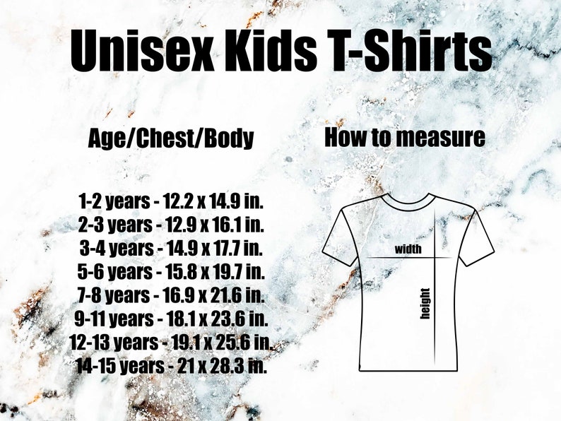 size chart of kids unisex t-shirts