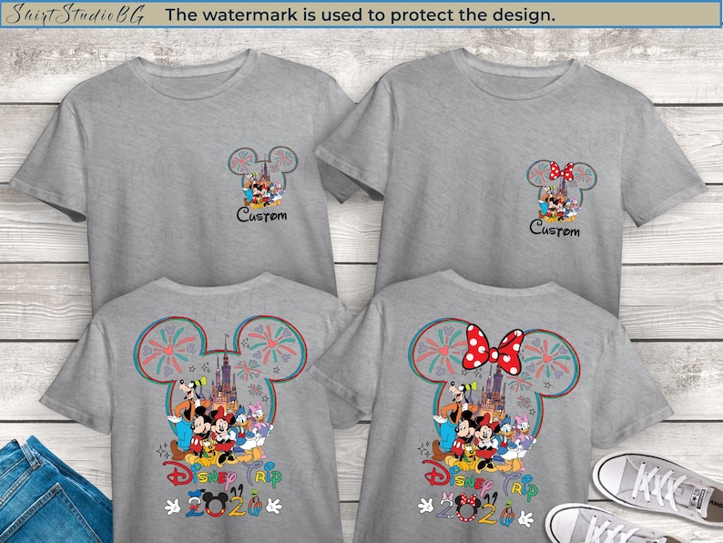 Matching custom Disney shirts for family vacation, adults and kids wearing coordinated outfits