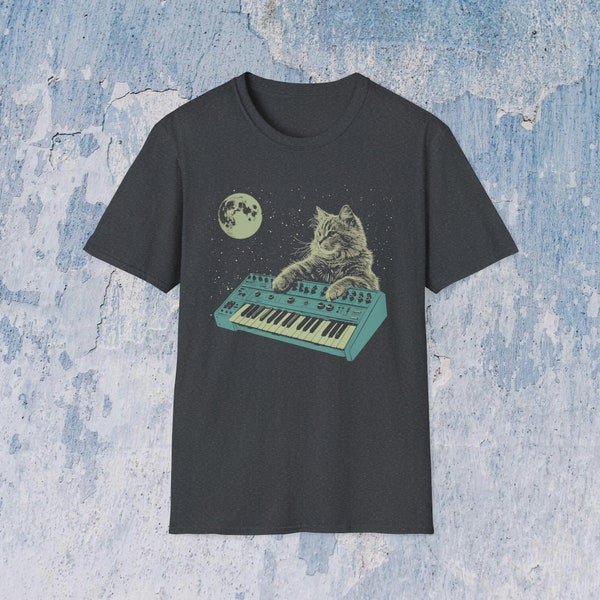 Synthesizer Cat in Space T-Shirt, modular synth, moog, alternate fashion, modular, urban outfits, keyboard player, synthesizer cat