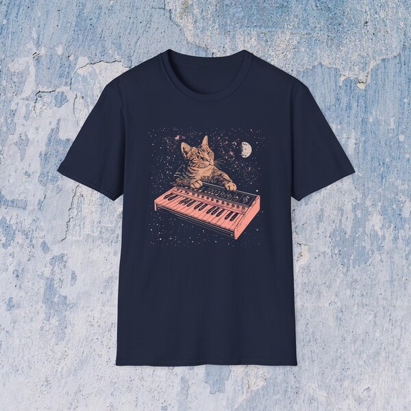 Synthesizer Cat in Space T-Shirt Series, modular synth, moog, alternate fashion, modular, urban outfits, keyboard player, synthesizer cat