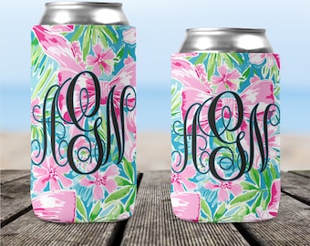 Bows and Flowers Monogrammed Can Cooler, Customized Drinkware, Hugger, Personalized, Summer or Spring, Bachelorette Cruise, Girly