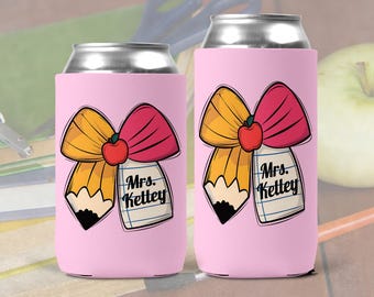 Personalized Pencil Bow Can Cooler, Teacher Gift, Insulated Drink Holder