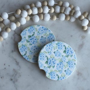 Blue Hydrangea Car Coasters: Neoprene or Sandstone - Set of Two