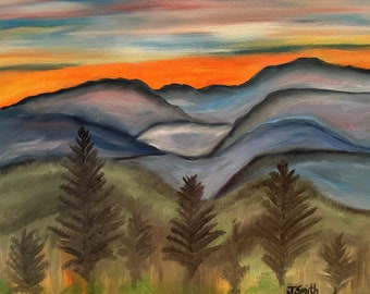 Beautiful mountains at sunset oil painting