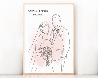 Dessin au trait de couple Mariage d'un couple Un dessin au trait Cadeau de dernière minute Dessin au trait portrait à partir d'une photo Cadeau personnalisé pour son anniversaire de mariage