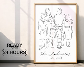 Last Minute Cadeau Eén lijntekening Cadeau voor familieportret van foto Gepersonaliseerde cadeau voor haar huwelijksverjaardag Moederdag Cadeau voor moeder