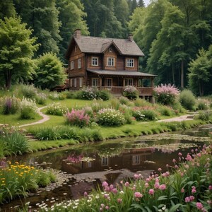 May include: A wooden cabin with a porch and a large yard with lush green grass and flowers. The cabin is surrounded by trees and a pond.