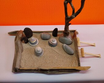 Zen Garden Desk Decor. Medation Stones. Balancing Stones. Beach Stone Stack.Driftwood Frame. Driftwood Sculpture.