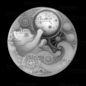 May include: A grayscale circular design featuring a cat reaching for a moon within a mechanical, steampunk-inspired frame. The design incorporates gears, spheres, and swirling elements, with the text "ESI Creative" repeated around the border.
