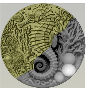 May include: A circular design featuring a seahorse and coral in a two-tone color scheme. The left side is a golden hue, showcasing a detailed seahorse and coral. The right side is grayscale, with a nautilus shell and coral.