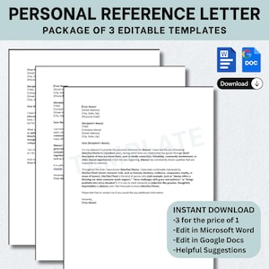 Plantillas de cartas de referencia personal (paquete de 3): Carta de recomendación, Carácter, Simple, Descargable, Editable, Imprimible en Word y Google Docs