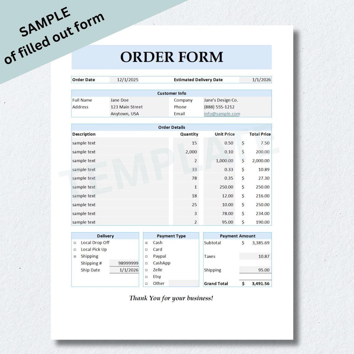 Order Form Template: Spreadsheet for Excel & Google Sheets, Editable ...