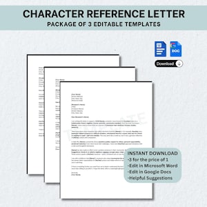 Character Reference Letter Template 3 Pack, Letter of Recommendation, Court, simple editable download, printable in Word, Google Docs